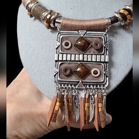 PARIS Necklace Ethnic Tribal Statement Solid Reversible Brown & Silver … - Picture 1 of 13